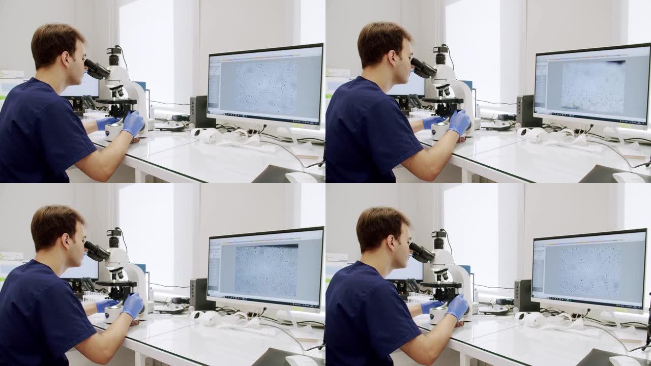 医生在显微镜下检查精子样本。