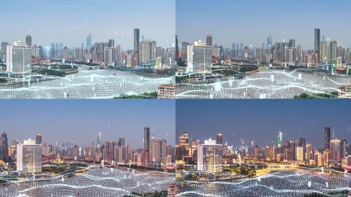 T/L HA PAN广州天际线从黄昏到夜晚的延时和技术大数据概念。中国广州