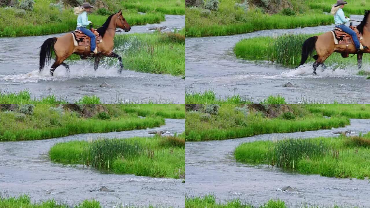 牛仔女郎骑马过河