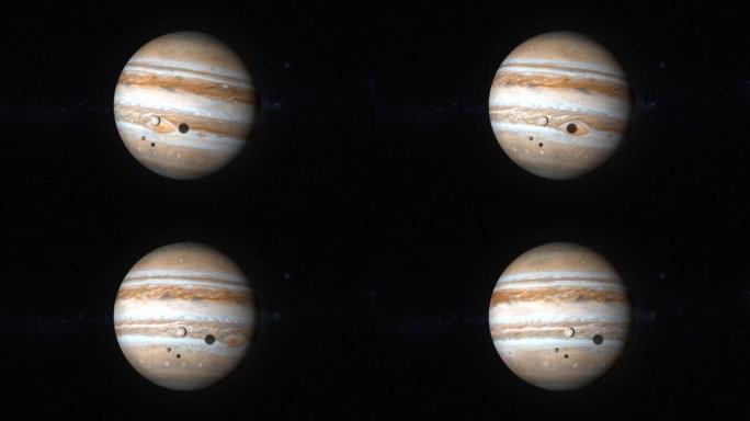 木星逼真的4k 3d动画。木星行星和木卫四，木卫四，木卫三，在太空中。3d动画。