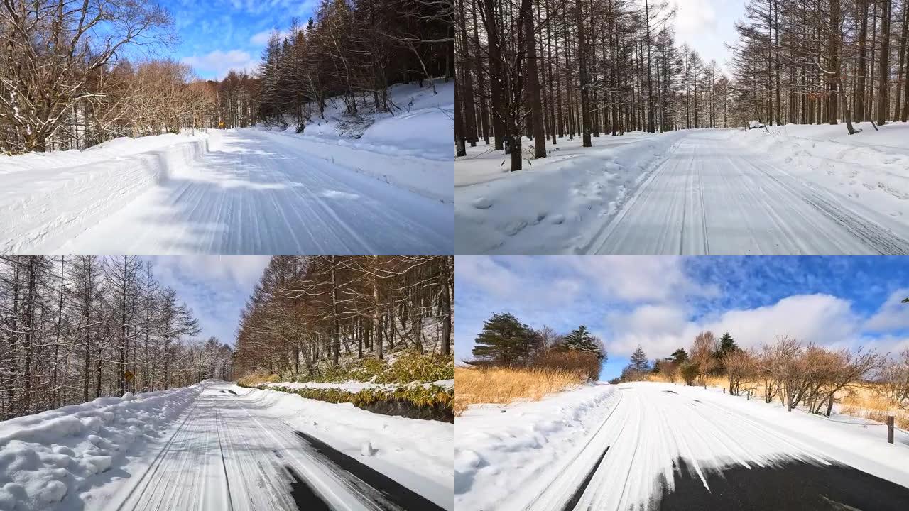 在雪山路上行驶行驶车窗外汽车第一视角