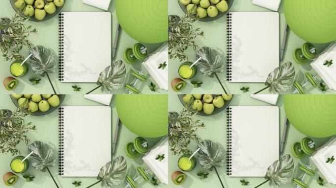 健康概念和健康食品，水果和蔬菜以及运动器材横幅，绿色苹果和猕猴桃以及果汁在白色色度关键背景上。旋转动