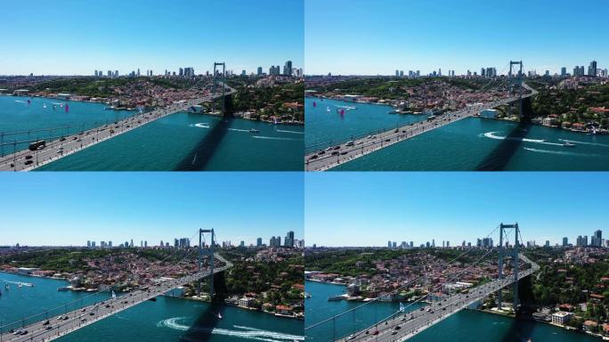 伊斯坦布尔空荡荡的街道博斯普鲁斯大桥空中射击4k无人机射击