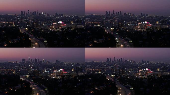 日出前洛杉矶的静态无人机拍摄-好莱坞，韩国城和市中心