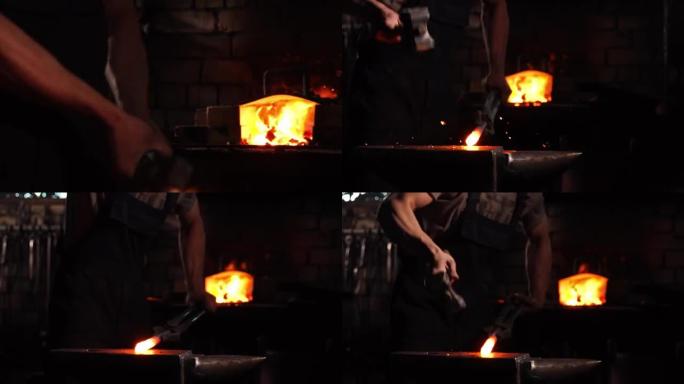 铁匠的锤子在炉子燃烧的火焰背景下的特写镜头