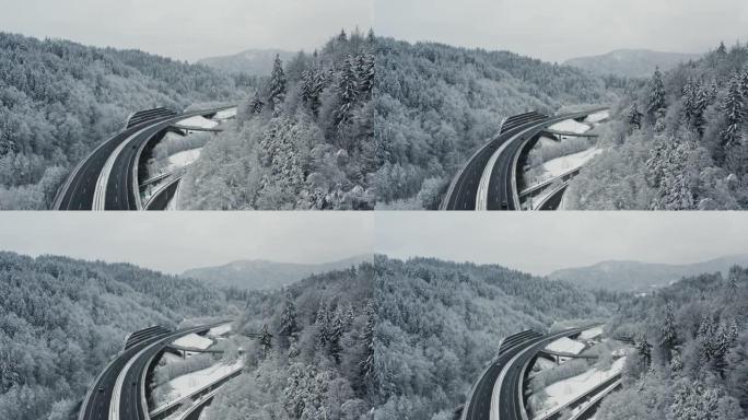 高速公路沿线积雪覆盖树木的空中积雪景观