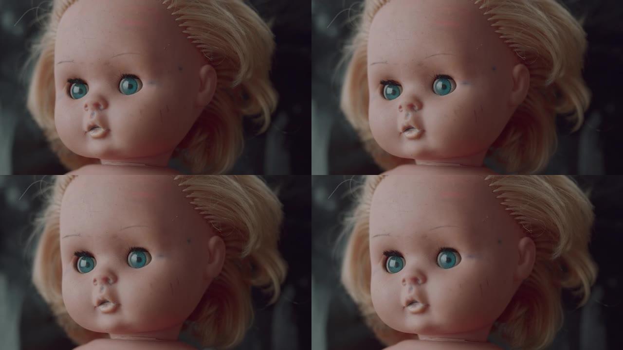 可怕的娃娃抽搐眼睛特写镜头