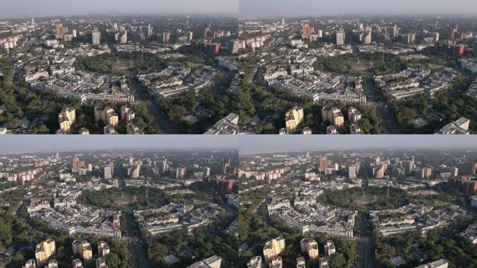 印度新德里首都城市干诺特广场Cp的4k空中无人机拍摄巴拉肯巴路中央市场中央公园印度国旗内圈外圈