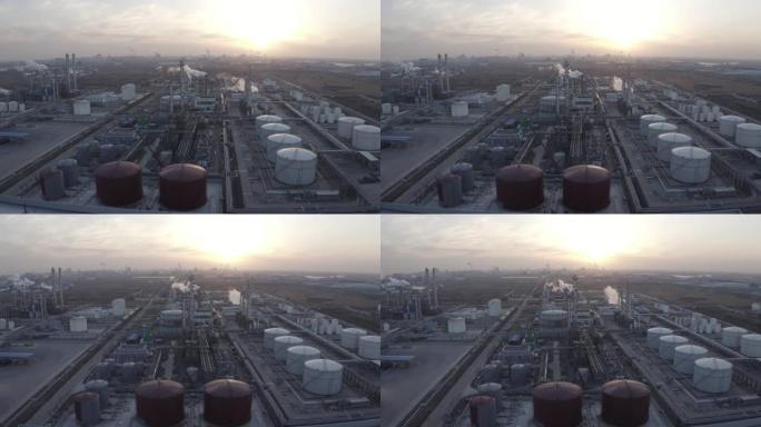 石油和化工厂场景的鸟瞰图。