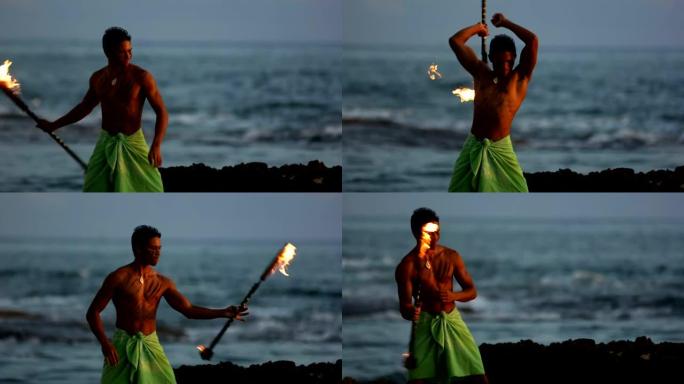 夏威夷火刀舞者表演，慢动作