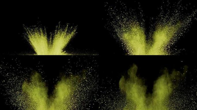 黄色粉末以超慢动作在黑色背景上爆炸