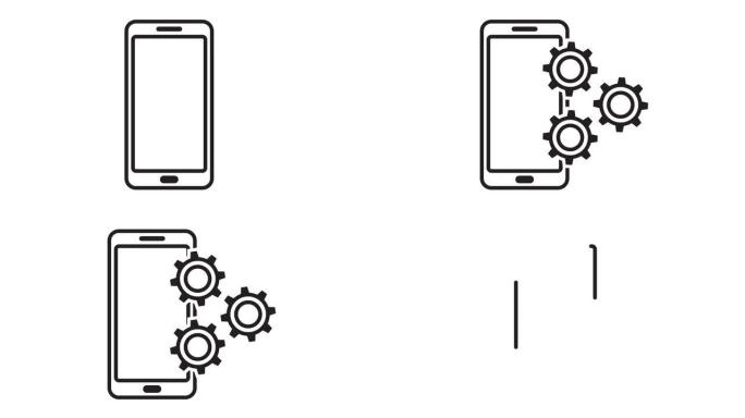 带有旋转齿轮的智能手机动画图标。智能手机、电话和复杂电子设备的维修。白色背景上孤立的卡通循环视频