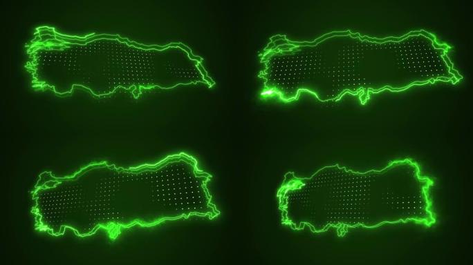 3D移动霓虹绿色火鸡地图边框轮廓循环背景
