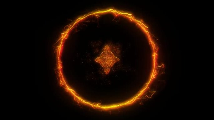 白炽灯神秘符号深奥的四角星凯尔特结在黑色背景上旋转的燃烧的火圈内旋转。神秘学和精神概念动画