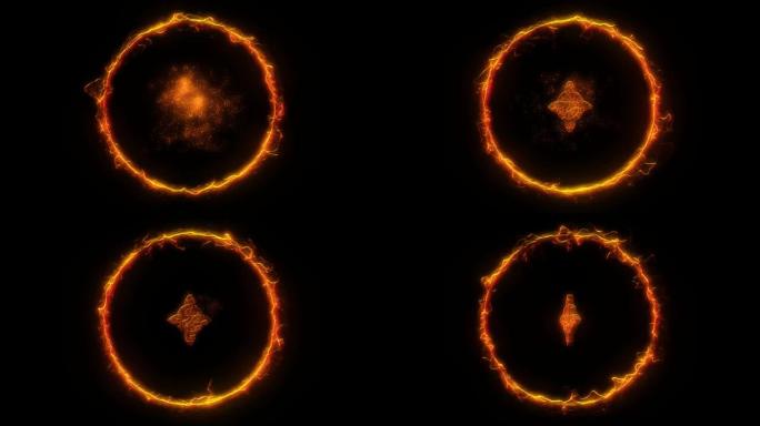 白炽灯神秘符号深奥的四角星凯尔特结在黑色背景上旋转的燃烧的火圈内旋转。神秘学和精神概念动画