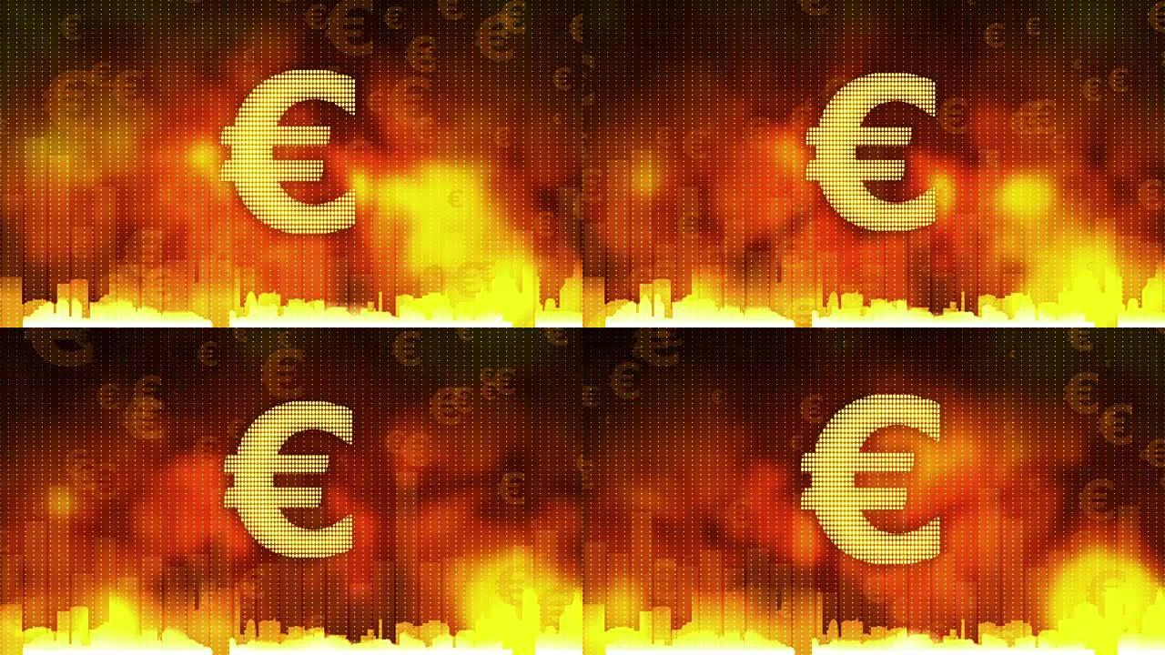 欧元标志在火热的背景下脉动，金钱统治世界，贪婪，痴迷