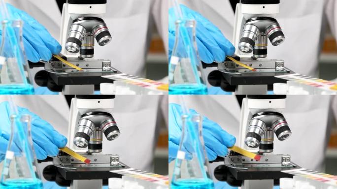 研究人员拿着Ph测试条在显微镜下检查液体