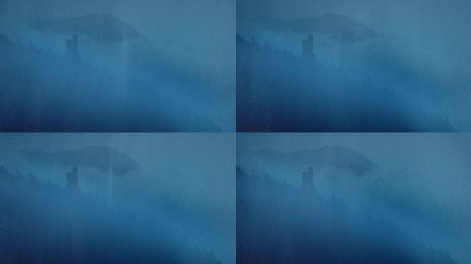 大雨和薄雾中的城堡幻想场景