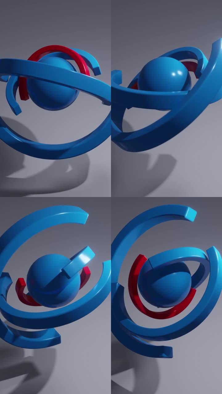 垂直视频动画-抽象球体和围绕它的旋转环。摘要一种复杂的旋转机构