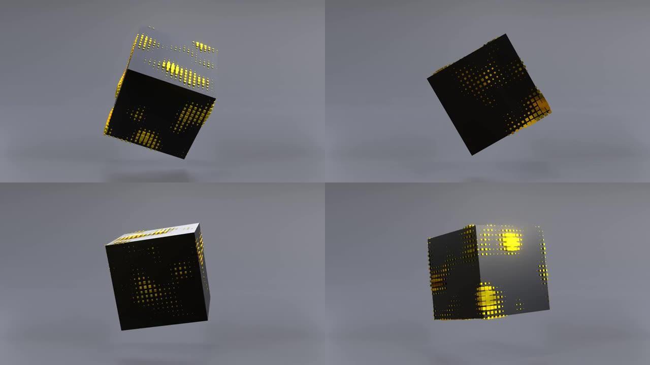 在零重力下旋转的黑色立方体的抽象3D动画。