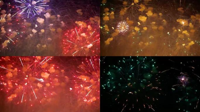 五颜六色的烟花在夜空中爆炸。色彩鲜艳的庆祝活动。