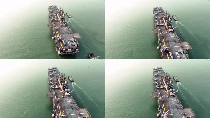 核动力舰军事海军舰战争舰航母满载战斗机和巡逻直升机。俯视图