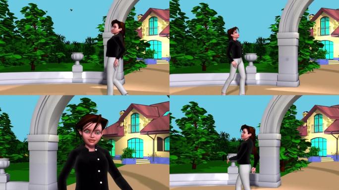 3d动画，一个卡通人物在她的花园上行走，看着蝴蝶