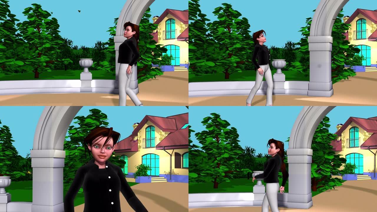 3d动画，一个卡通人物在她的花园上行走，看着蝴蝶