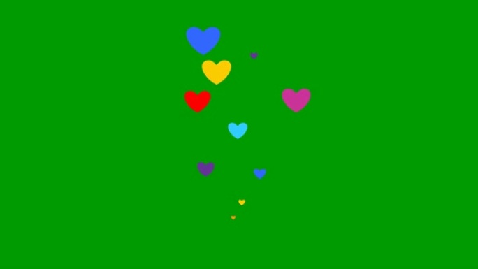 动画五颜六色的心从下往上飞。爱的概念，激情。绿色背景上孤立的心脏喷泉。