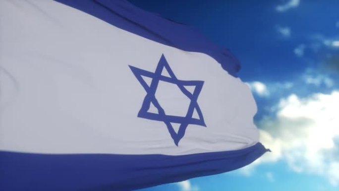 在一个晴朗的日子，以色列国旗在风中飘扬的细节。民主与政治