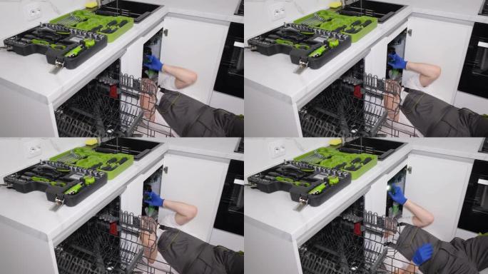 安装洗碗机时的工匠。4k视频