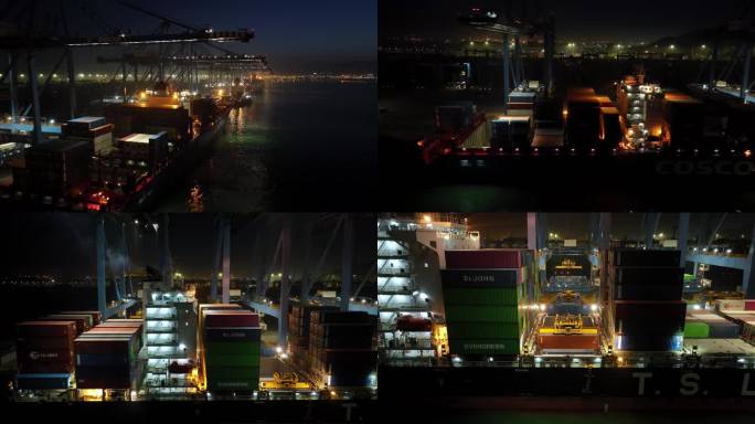 集装箱码头货轮装卸集装箱港口夜景
