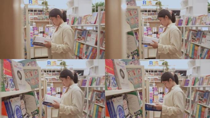 年轻女孩在购物中心买书书店，学生寻找书籍学习和继续学习