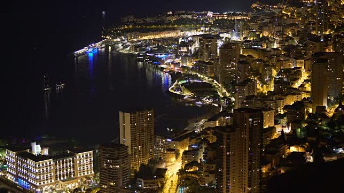 鸟瞰图夜景明亮地照亮了摩纳哥的豪华公国