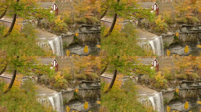 一个美丽的快速流动的瀑布，背景是一个偏远的乡村农舍，随着秋天的环境和植被的变化，秋天充满活力的金色环