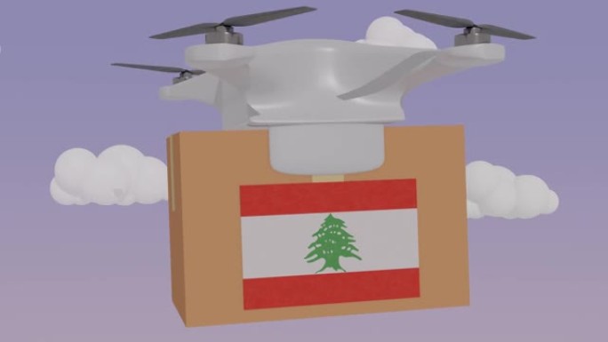 动画无人机携带带有黎巴嫩国旗的包裹