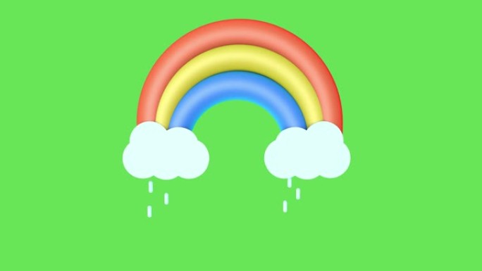 绿屏上有雨和彩虹的云彩。天气图标。3D动画。