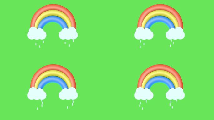 绿屏上有雨和彩虹的云彩。天气图标。3D动画。
