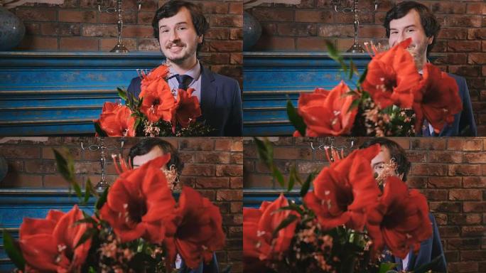 一个微笑的男人在咖啡馆里献花的肖像