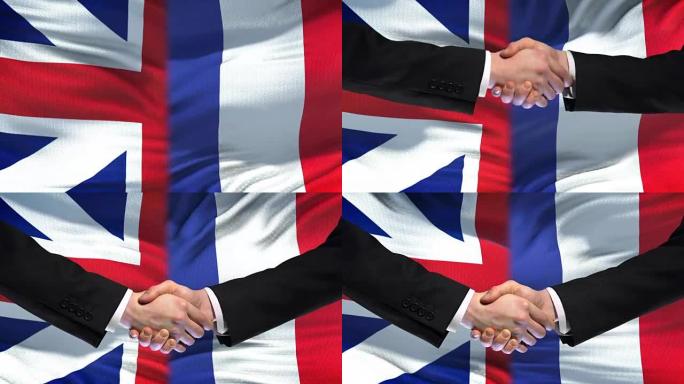 英法握手，国际友谊，旗帜背景