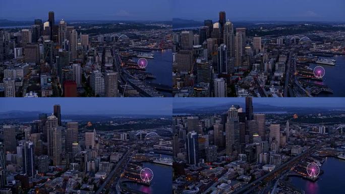 西雅图市区的空中飞行，带有粉红色的西雅图巨轮