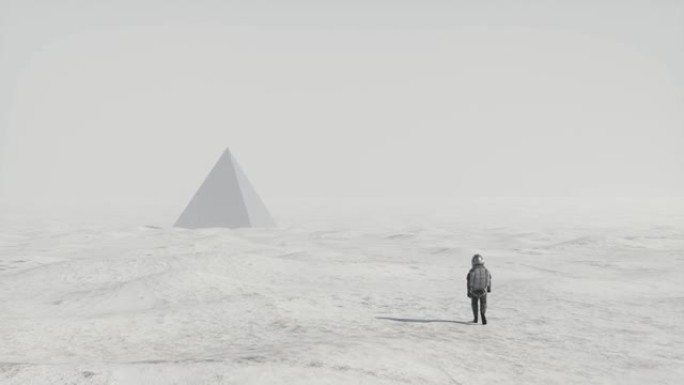 宇航员在外星球上朝着神秘的金字塔行走