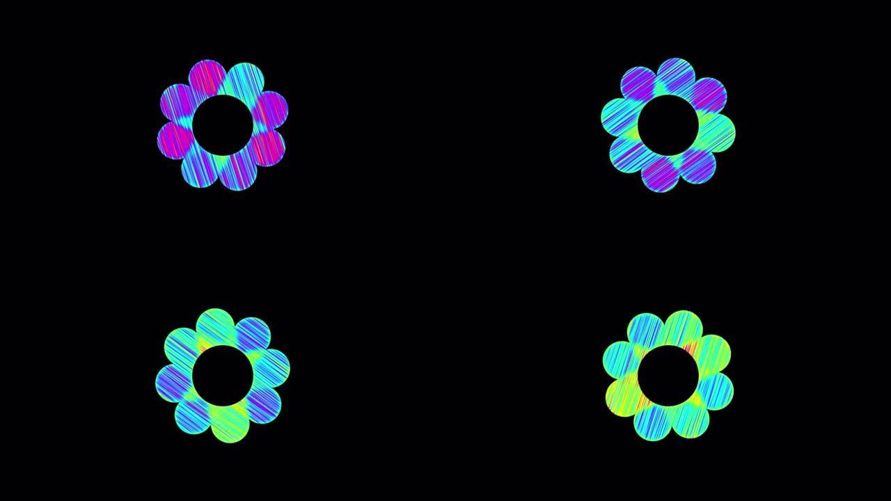 彩色迷幻旋转花为圆形标志创意。带有透明背景的alpha通道的动画花卉可循环动画