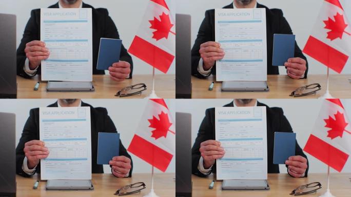 加拿大男子领事官出示签证申请和护照，合法移民，游客面谈。