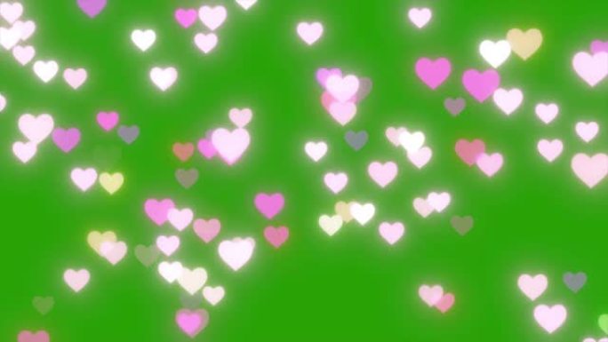心落在绿屏背景上。绿色屏幕背景上的发光心脏动画。红心动画，浪漫粒子心坠背景。心像雨一样落下。粒子心