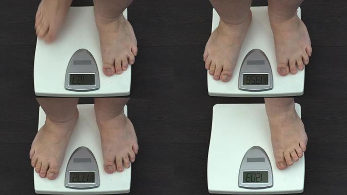 肥胖男子在家中测量体重秤，减肥训练计划，健康