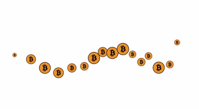 动画橙色比特币硬币从左到右飞行。