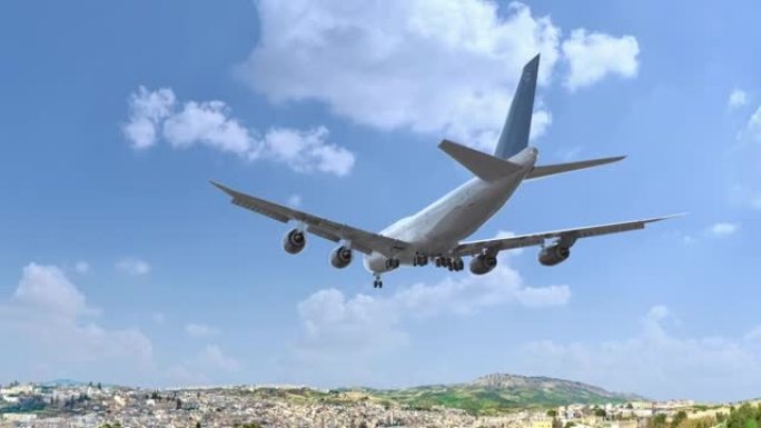 飞机飞行和降落摩洛哥旧麦地那。飞机概念