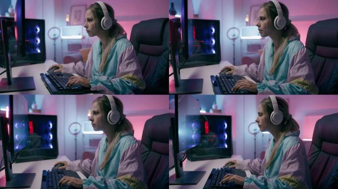 游戏，电脑屏幕或女性游戏玩家与视频游戏在线玩街机比赛。焦点，女孩或流媒体直播电子数字技术，可以在黑暗