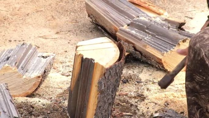 一个人在砧板上用斧头砍原木。采收薪柴以取暖。